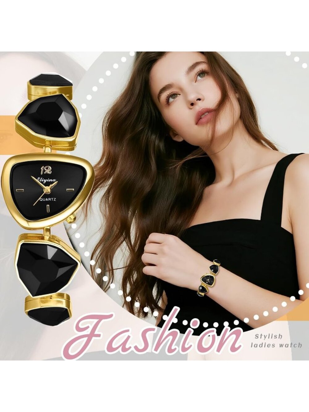 Women's Black Birthstone Bracelet Triangle Dial Quartz Diamonds Strap Watches - Picture 6 of 6